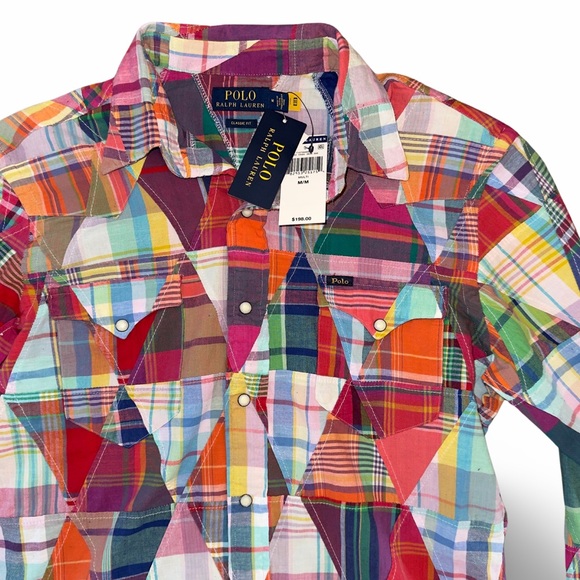 Polo Ralph Lauren Cotton Madras Classic Fit Patchwork Pearl Snap Button Shirt - Picture 2 of 12
